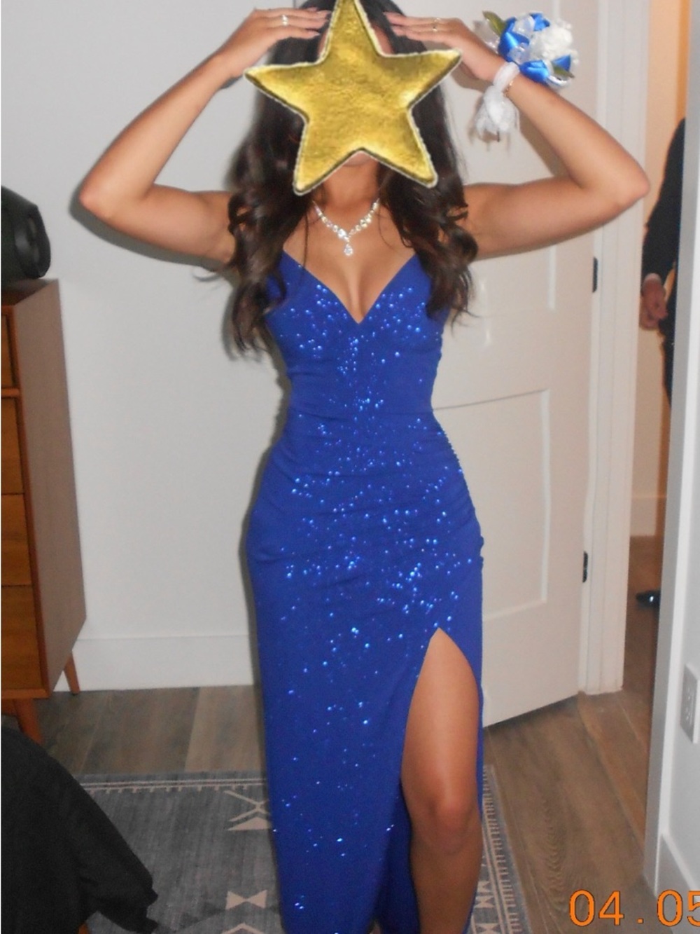 Windsor Royal Blue Glitter V-Neck Prom Gown with High Slit